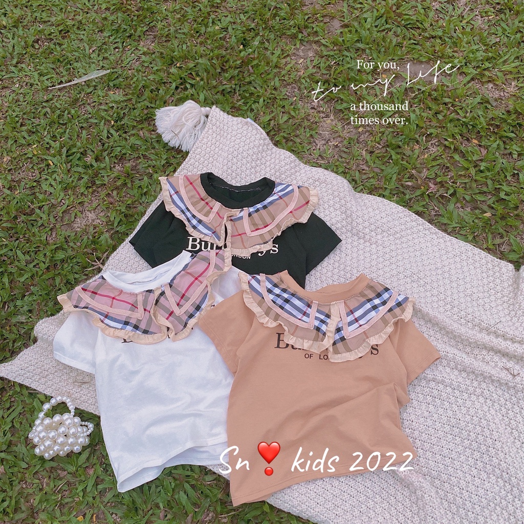 Sét váy xòe kèm áo thun bé gái, set áo phông BUR cổ bèo kèm cv kẻ xếp ly cho bé