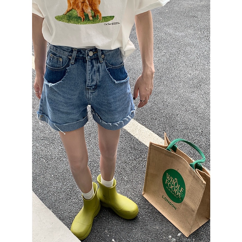 Quần Đùi jeans Lưng Cao Ống Rộng Thời Trang retro Cho Nữ