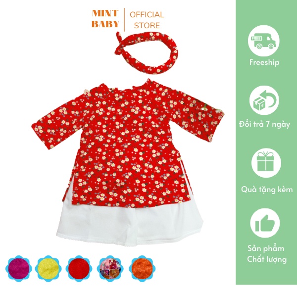Bộ Áo dài bé gái Mint Baby, set áo dài em bé kèm mấn, kèm quần size sơ sinh đến 15kg