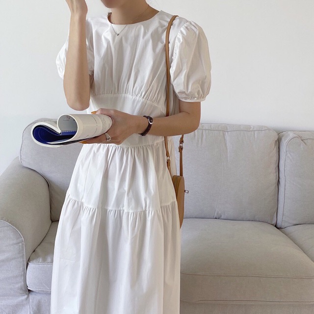 Váy babydoll cổ tròn tay bồng dáng dài thon eo