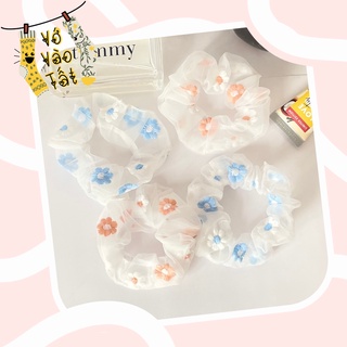 Đồ buộc tóc scrunchies voan mỏng thêu hoa