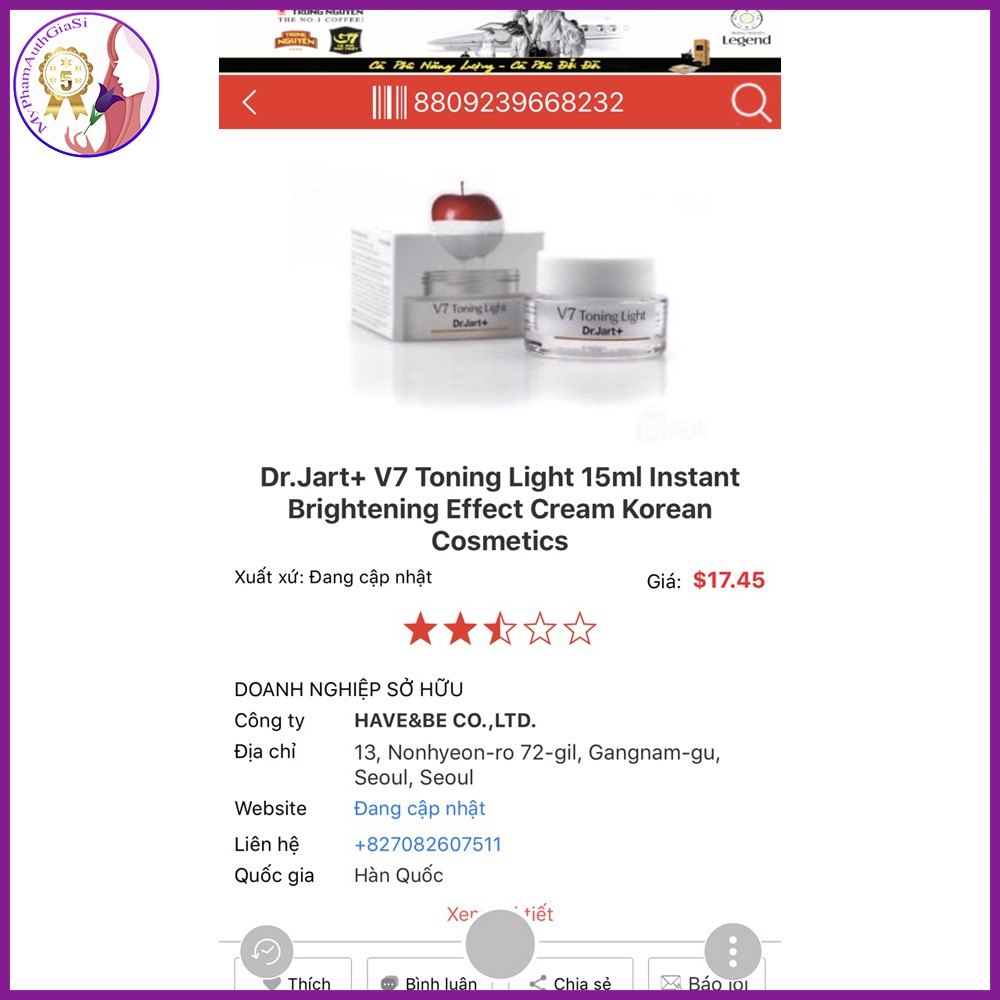 Kem v7 toning light dr.jart+ dưỡng trắng tái tạo giảm thâm nám 15ml