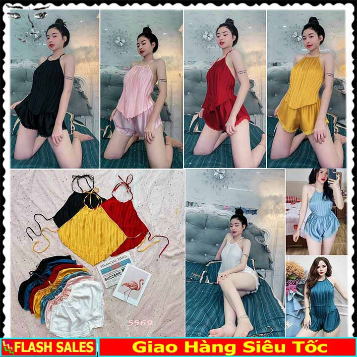 ⚡ SIÊU PHẨM MÙA HÈ ⚡ set đồ bộ yếm đùi bèo dập li lụa satin 2 size L, XL bao đẹp, yếm ngủ dập ly