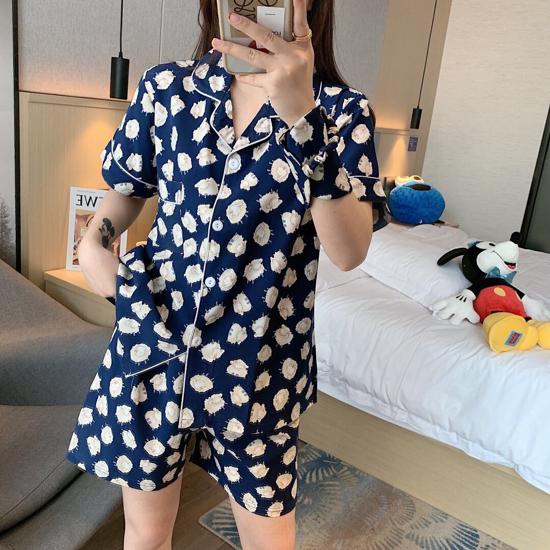 áo nữ đồ bộ pyjama Đồ mặc nhà pijama Bộ Đồ Ngủ Vải Phi Bóng Phối Họa Tiết Cừu Gợi Cảm Cho Nữ đồ ngủ nữ tiểu thư dễ thương lụa sexy cute bigsize dài tay hai 2 dây