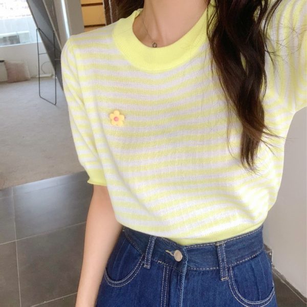 Áo Thun Dệt Kim Tay Ngắn Dáng Ôm Họa Tiết Kẻ Sọc Thời Trang Mùa Hè Xinh Xắn Cho Nữ