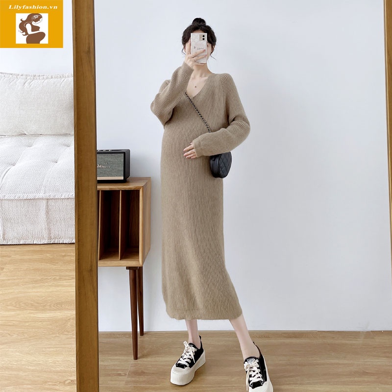 Váy đầm len suông cổ tim hàn quốc trẻ trung dành cho mẹ bầu sau sinh chất len dày dặn dáng suông ấm áp mùa đông bà bầu