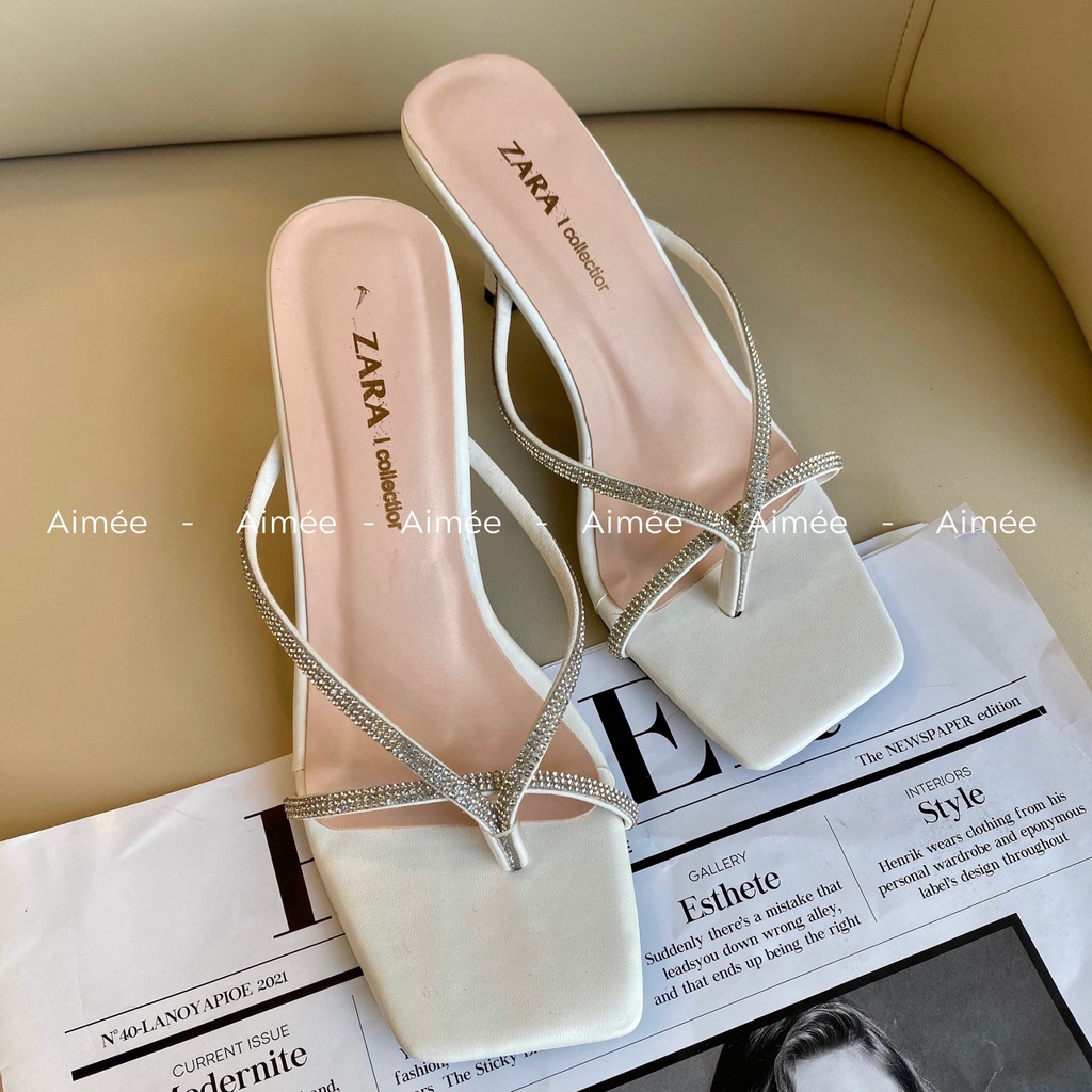 Dép Nữ Dây Mảnh Đính Đá Cao Gót 5 Phân Đế Vuông Phối Những Bộ Cánh Siêu Xinh