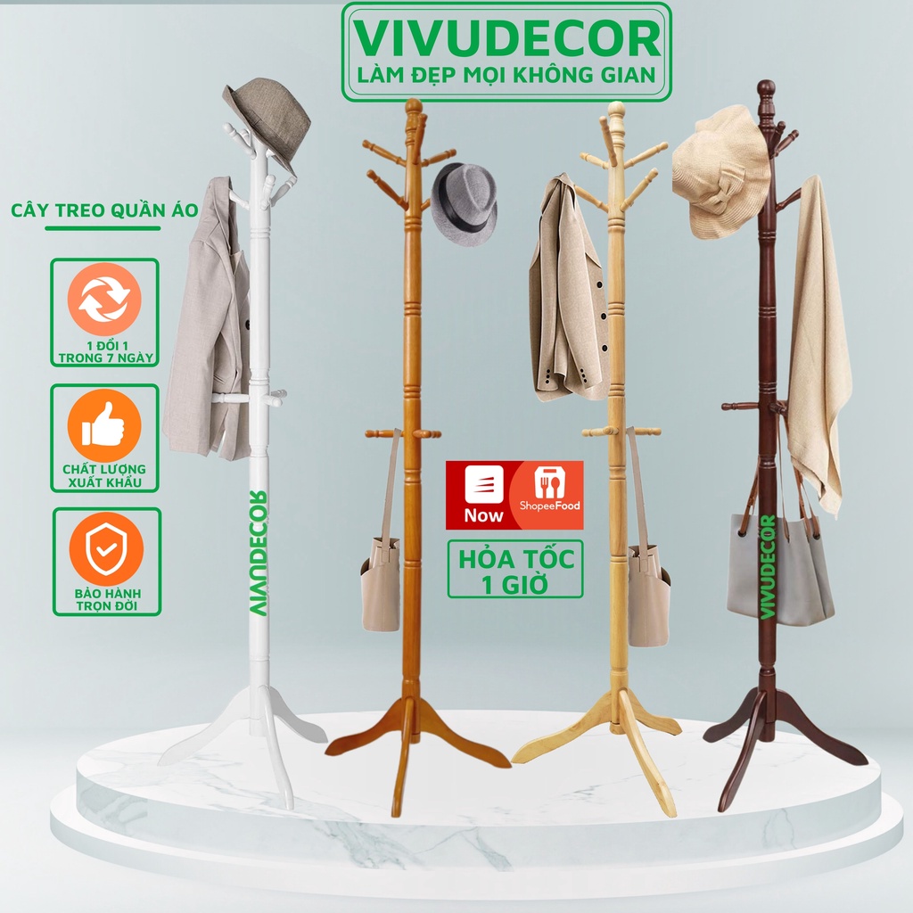 Cây Treo Quần Áo Vivudecor 100% Gỗ Tự Nhiên, Cây Treo Đồ GH 9 Nhánh Lắp Ráp Xuất Khẩu Hàn Quốc.