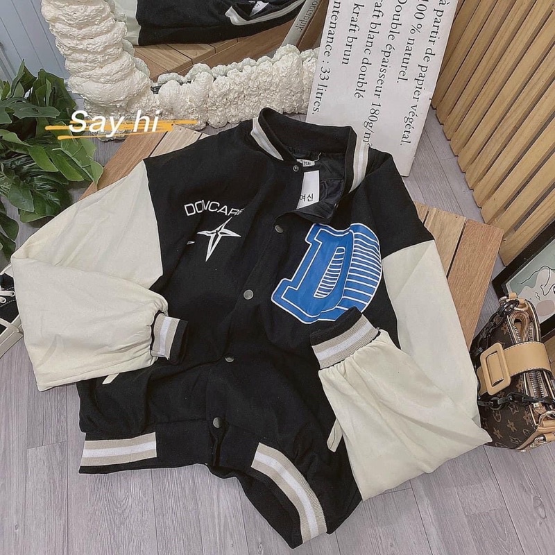Áo khoác bomber bóng chày kaki da lộn 2 lớp unisex ulzzang nam nữ in D
