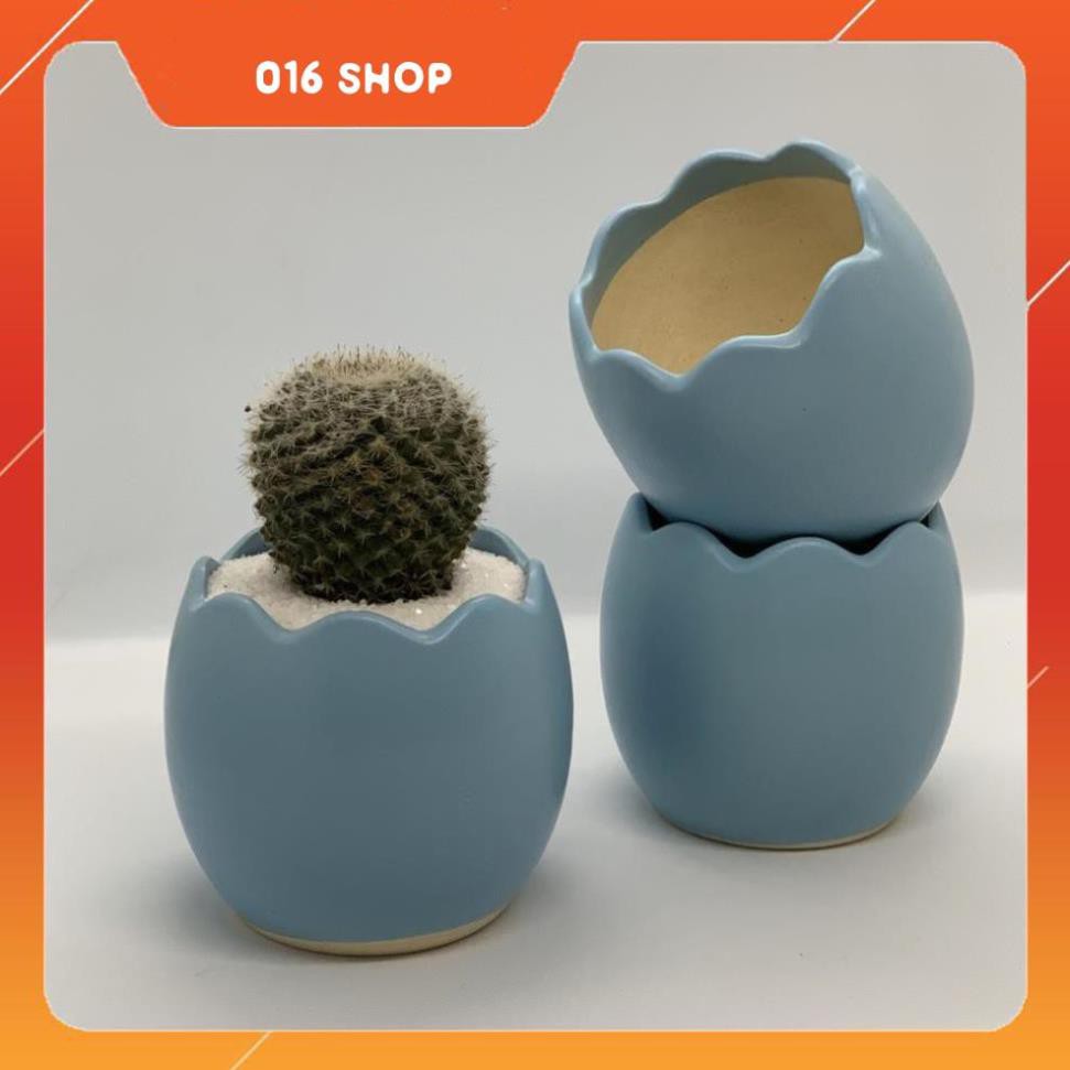 Bộ 3 Chậu Trồng Cây Cảnh Mini - 8x8x10 Cm - Gốm Sứ Bát Tràng - Mầu Xanh Biển - Dáng Trứng