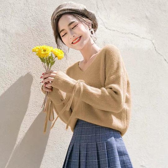 Áo len cổ tim tay nơ