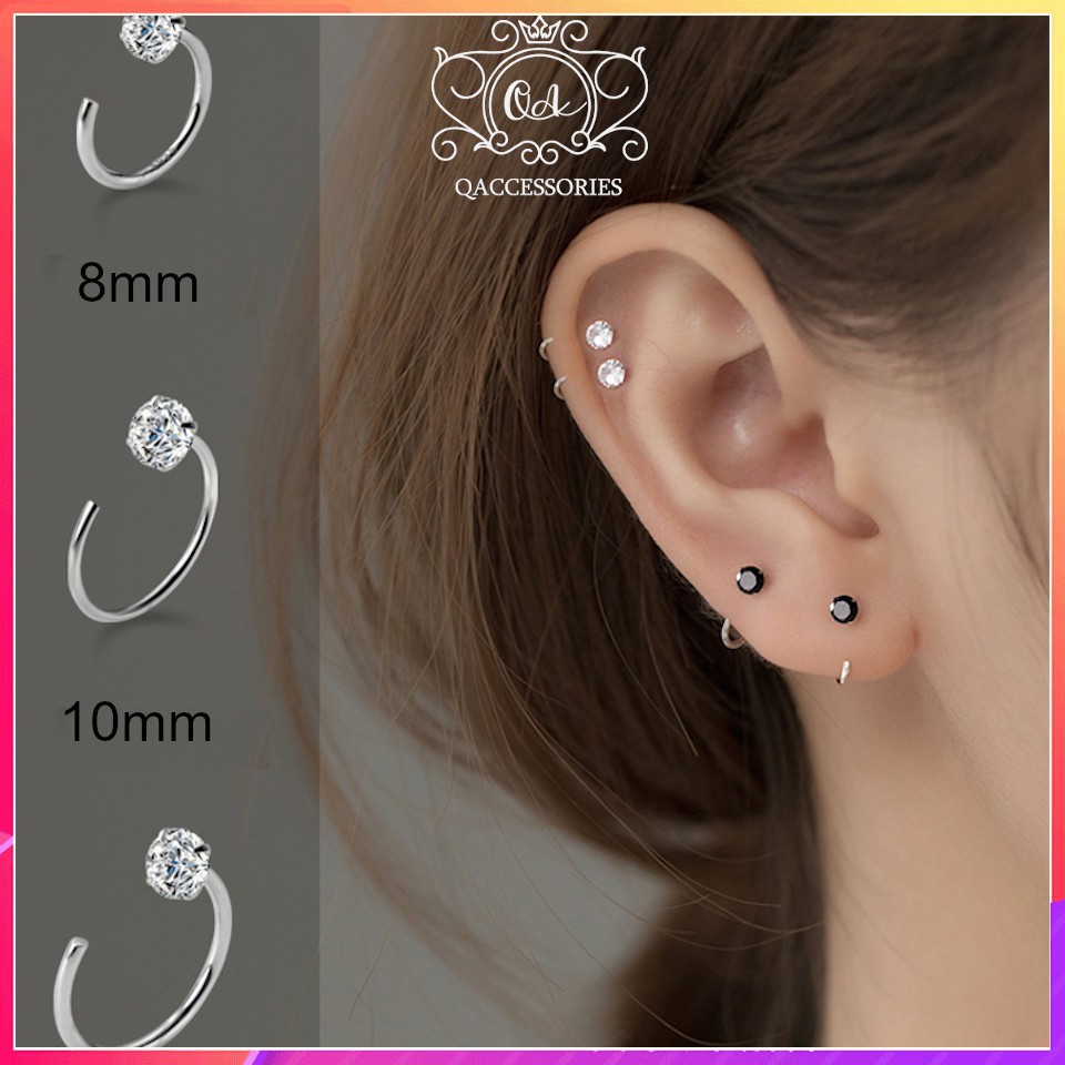 Khuyên tai bạc 925 móc chữ C đính đá đen trắng 4 chấu nam nữ S925 EARCUFF Silver Earrings QA SILVER EA201103