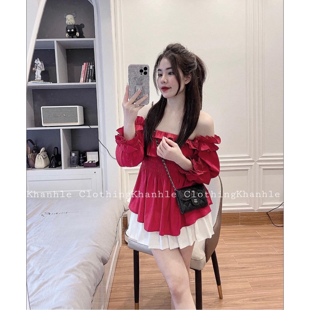 Set bèo đỏ trễ vai chân váy xòe xếp li DN033