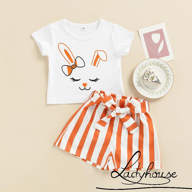 Áo thun cổ tròn in hình thỏ hoạt họa + quần short kẻ sọc phối thắt lưng phong cách mùa hè dành cho bé
