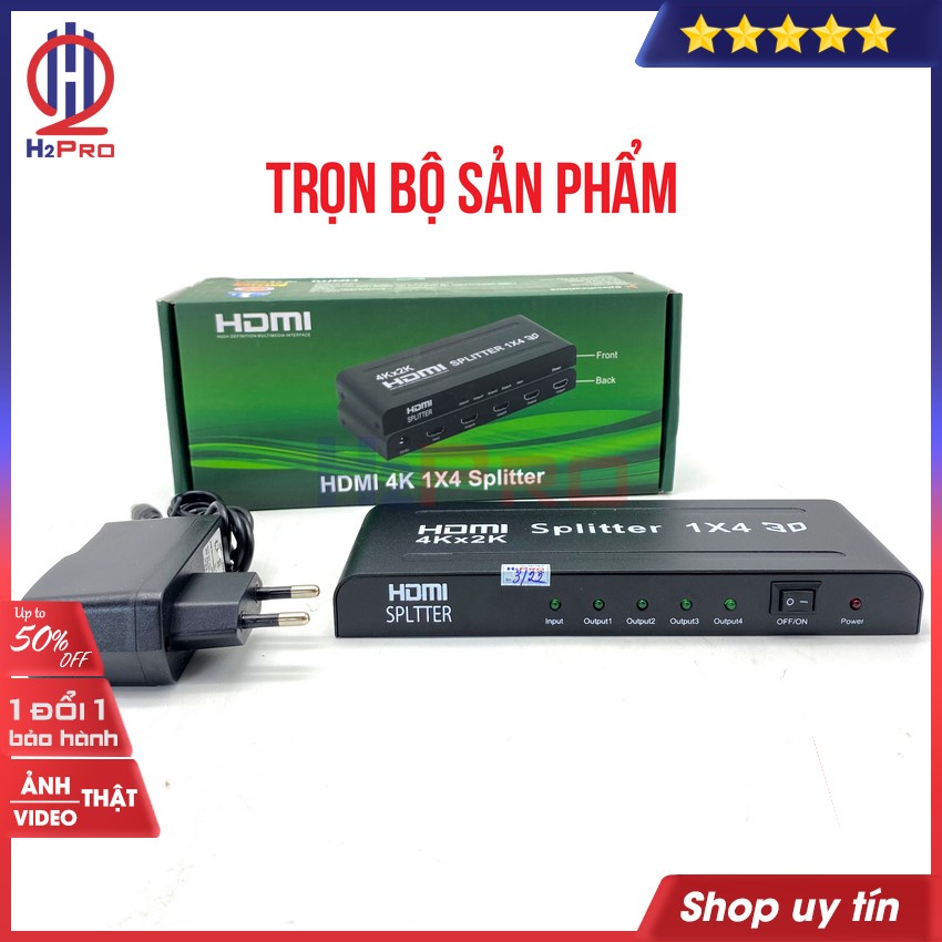 Bộ Chia HDMI Splitter 1 ra 4 H2pro cao cấp chuẩn 4K-3D-chất lượng cao chuẩn đầu vào, hàng hãng (tặng củ sạc 5V-2A 50k)