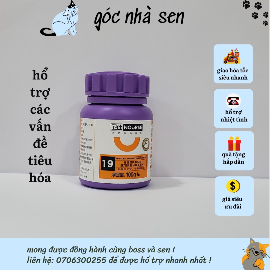 Nourse 19 - Men tiêu hoá cho mèo bổ sung Probiotic hỗ trợ cải thiện hệ tiêu hoá và hấp thụ dinh dưỡng (200v)