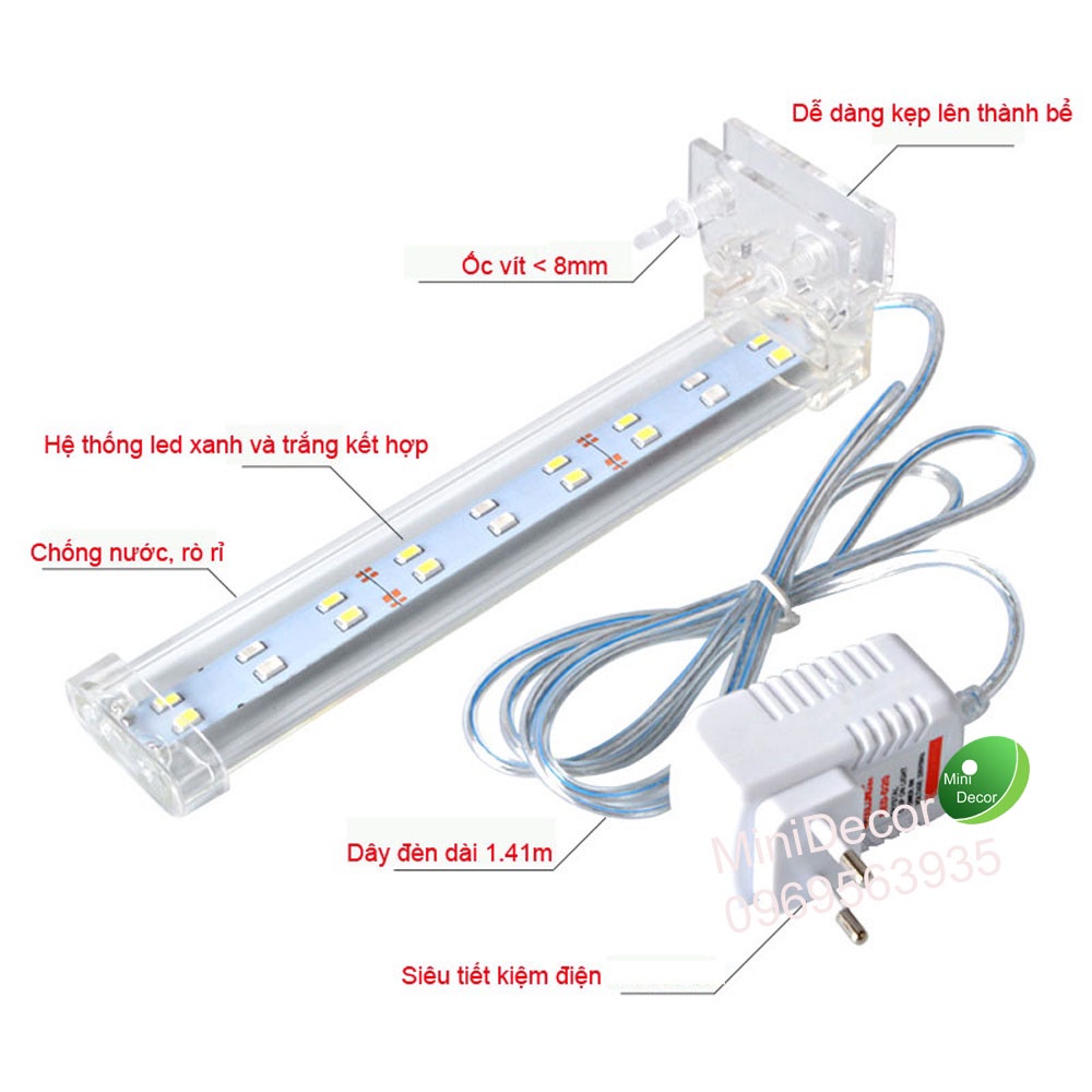 Đèn bể cá kẹp bể cá BONETAR, 2 màu trắng xanh, siêu bền, tiết kiệm điện