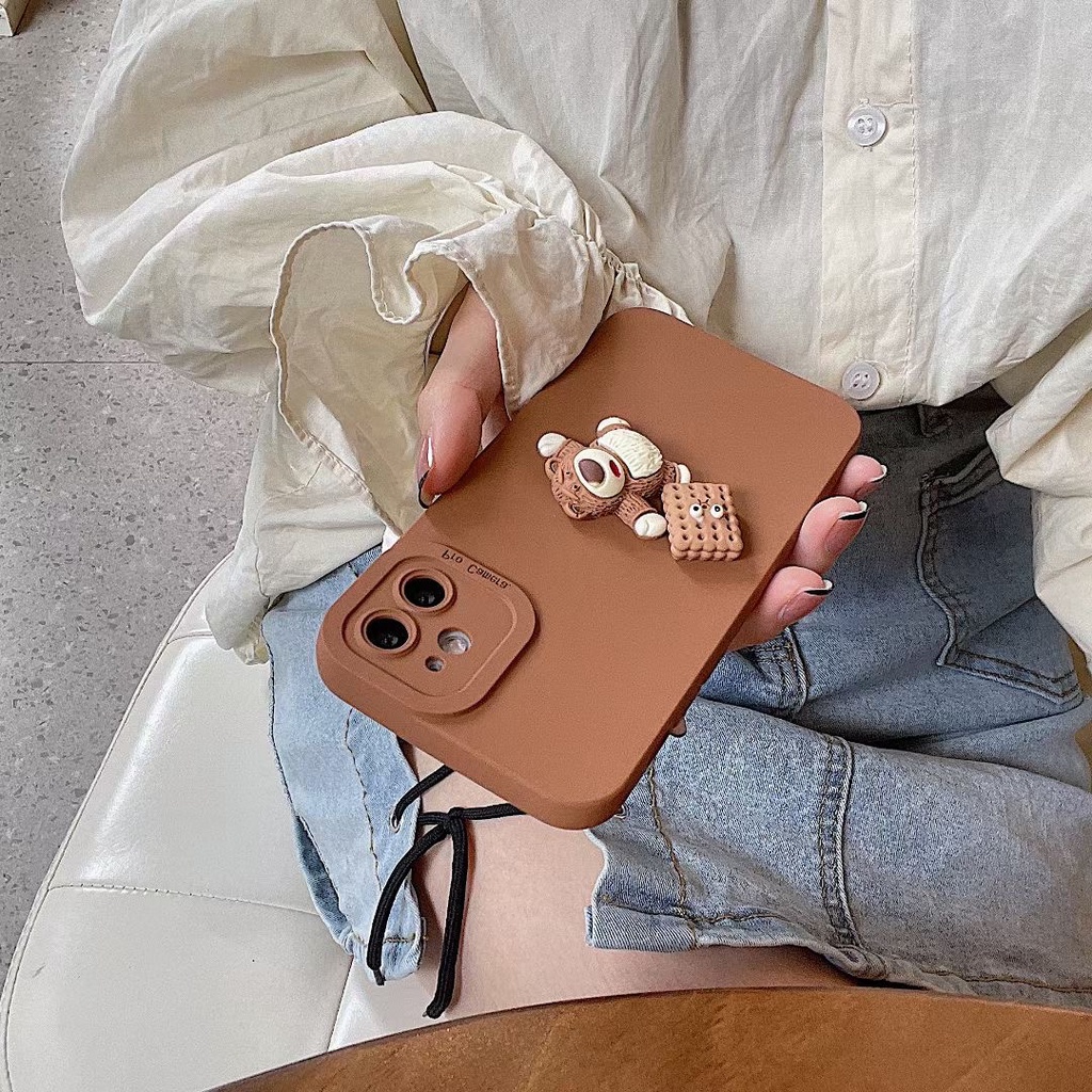 Ốp điện thoại mềm hình gấu nâu dâu tây có giá đỡ cho Iphone 12 pro max 11 pro max xs max xr x 7plus 13 promax