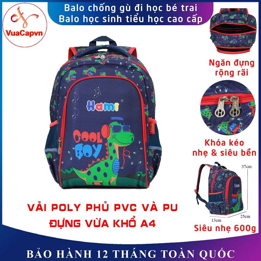 Balo học sinh chống gù Hami 1508 Khủng long, balo đi học cấp 1 cho bé trai siêu nhẹ, chống thấm nước