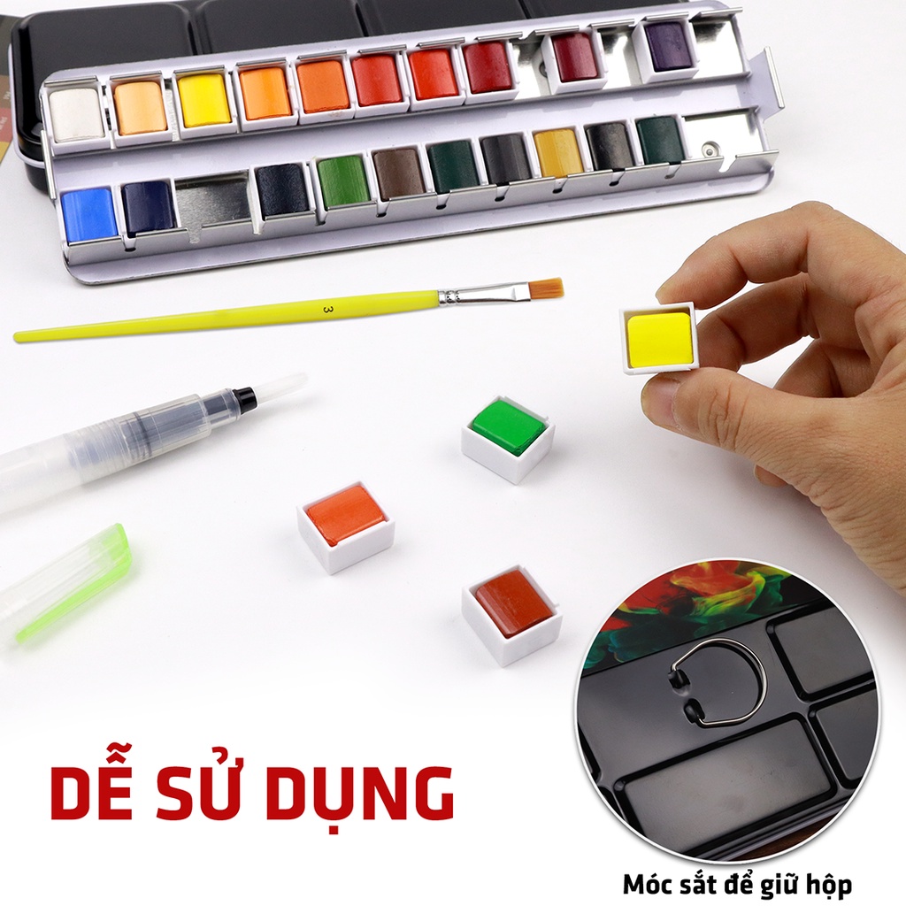 Màu Nước 24M Hộp Sắt DUGATO Sang Trọng, Tặng Bút Nước + Giấy Vẽ + 3 Cọ Vẽ