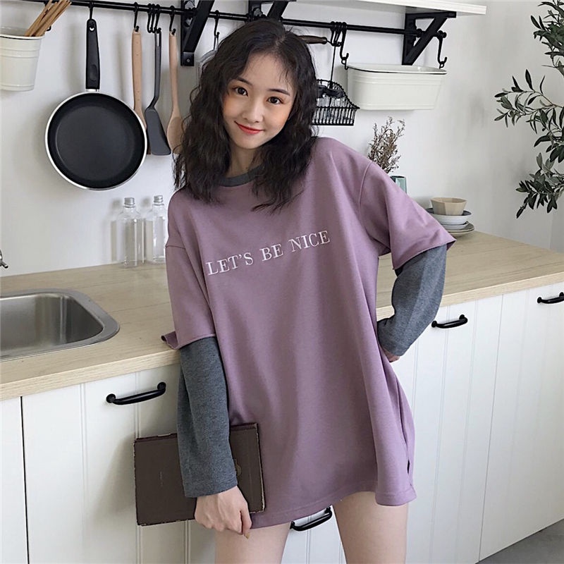 Áo Thun Tay Dài Giả Hai Lớp Dáng Rộng Phong Cách Hàn Quốc Thời Trang 2022 Cho Nữ