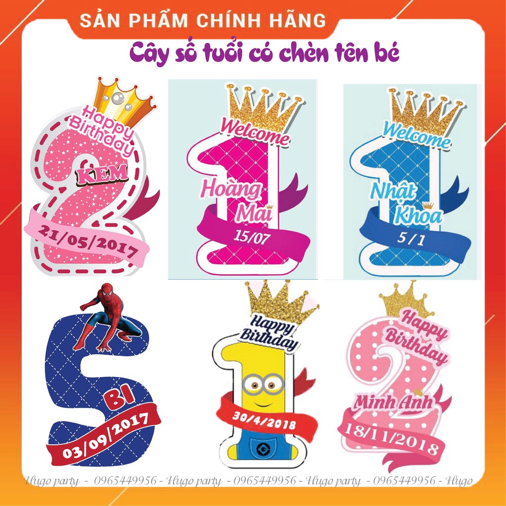 Cây số tuổi, có chèn tên bé và ảnh bé, chibi bé, để bàn cao 30-50cm. Trang trí tiệc sinh nhật, thôi nôi, party.