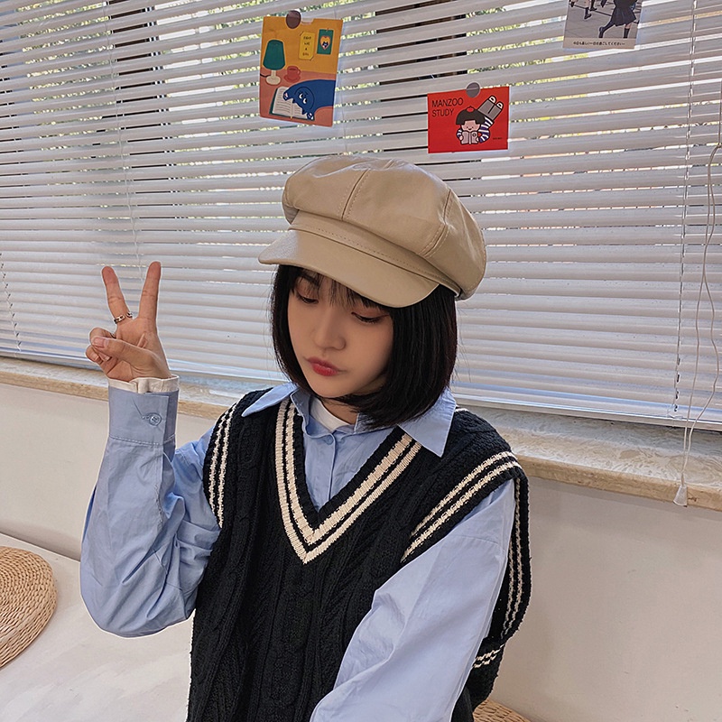 Mũ beret nữ thời trang da Pu vòng đầu 60Cm có dây rút bên trong nón 3 màu