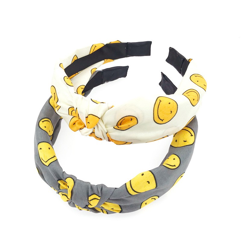Băng đô vải bản rộng thắt nơ in họa tiết mặt cười đơn giản phong cách Hàn Quốc thời trang dành cho nữ