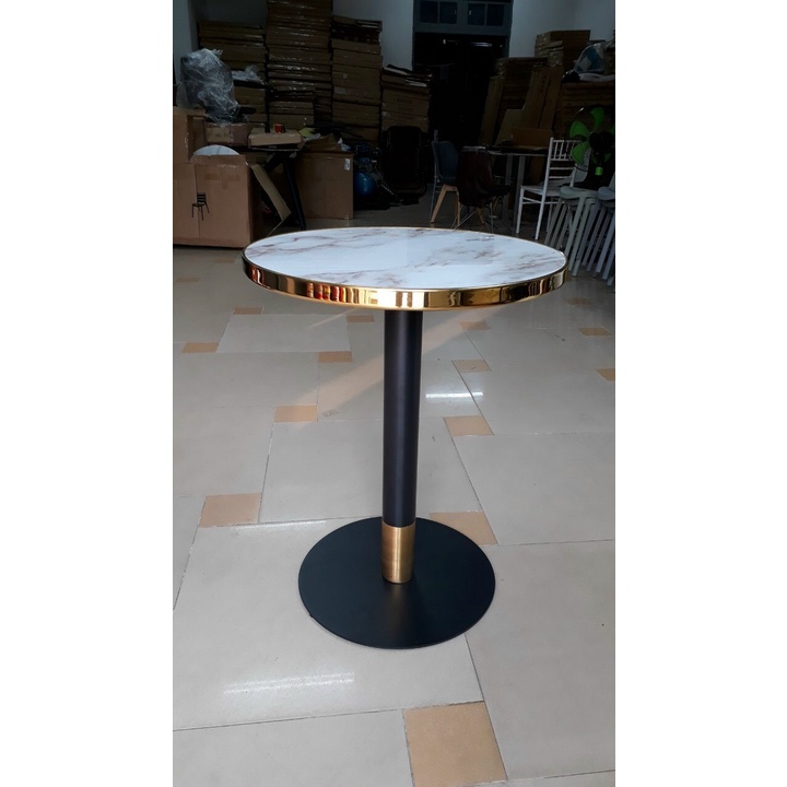 Bàn ăn cafe mặt Mica vân đá viền inox mạ vàng, Chân thép sơn tĩnh điện đáy trụ mạ vàng
