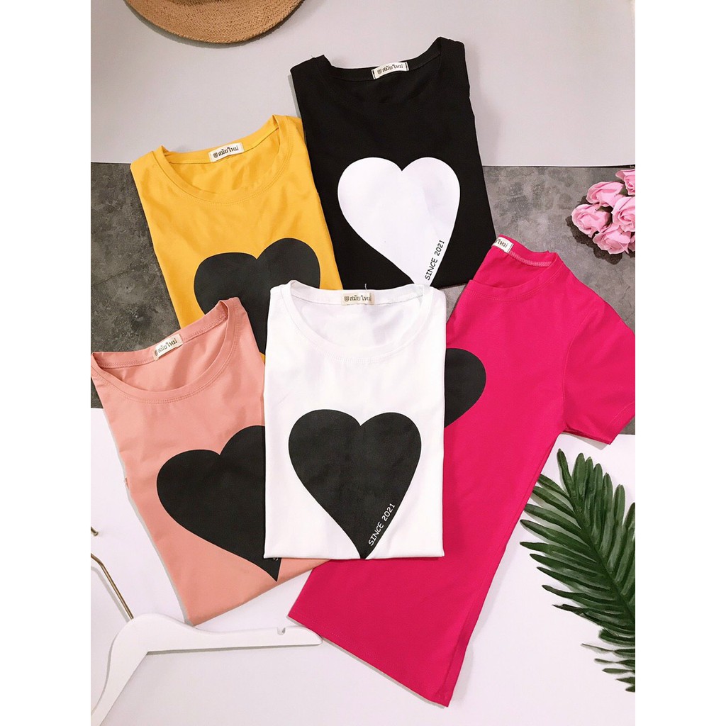 Áo thun nữ thun thái form vừa người chất siêu mát in hình trái tim dưới 65kg