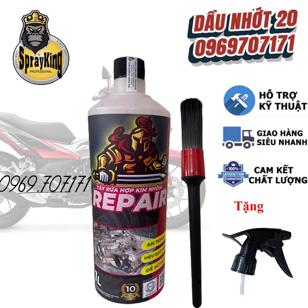 [Mẫu mới] [Combo] Chai SprayKing REPAIR mẫu mới 2022 xịt tẩy rửa hợp kim nhôm, tẩy lốc máy, đầu bò Kèm cọ cán đen