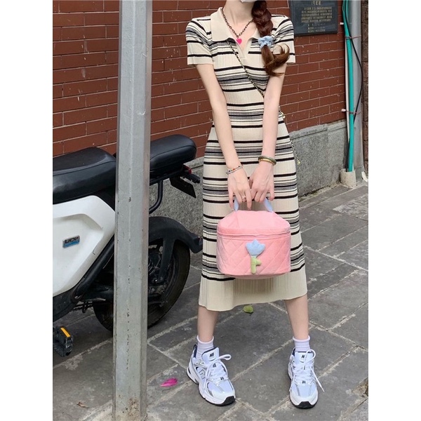 Váy polo kẻ ngang dáng dài chất len