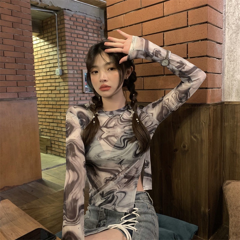 Áo Thun Tay Dài Xẻ Tà Họa Tiết Màu Nhuộm Phong Cách Phương Tây Thời Trang Mùa Hè Mới Dành Cho Bạn Nữ
