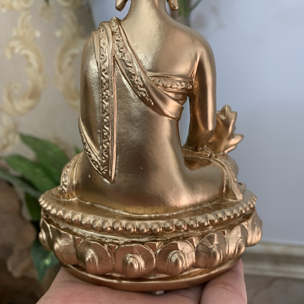 Tượng đá Phật Dược Sư Lưu Ly Quang ngồi trên đài sen trang trí phòng thờ- Chiều cao 16cm - Màu nhũ đồng