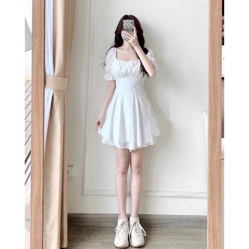 Váy Nữ Cổ Vuông Nhún Ngực Thắt Lơ Lưng Tay phồng, Đầm Nữ Bánh Bèo 2 Màu Đen Trắng