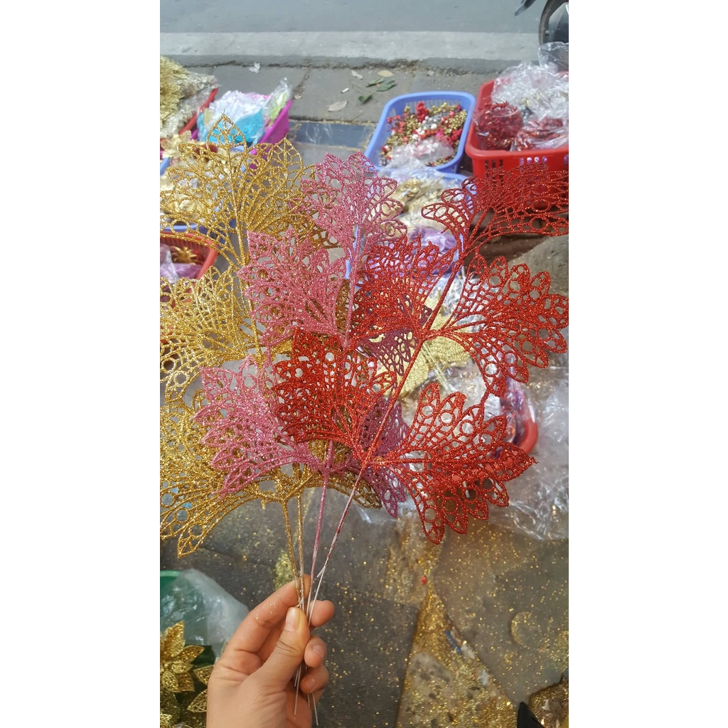 Lá dẻ quạt 5 nhánh phủ nhũ, kim tuyến trang trí oản tài lộc, tháp bánh, tháp nước | Phụ kiện trang trí