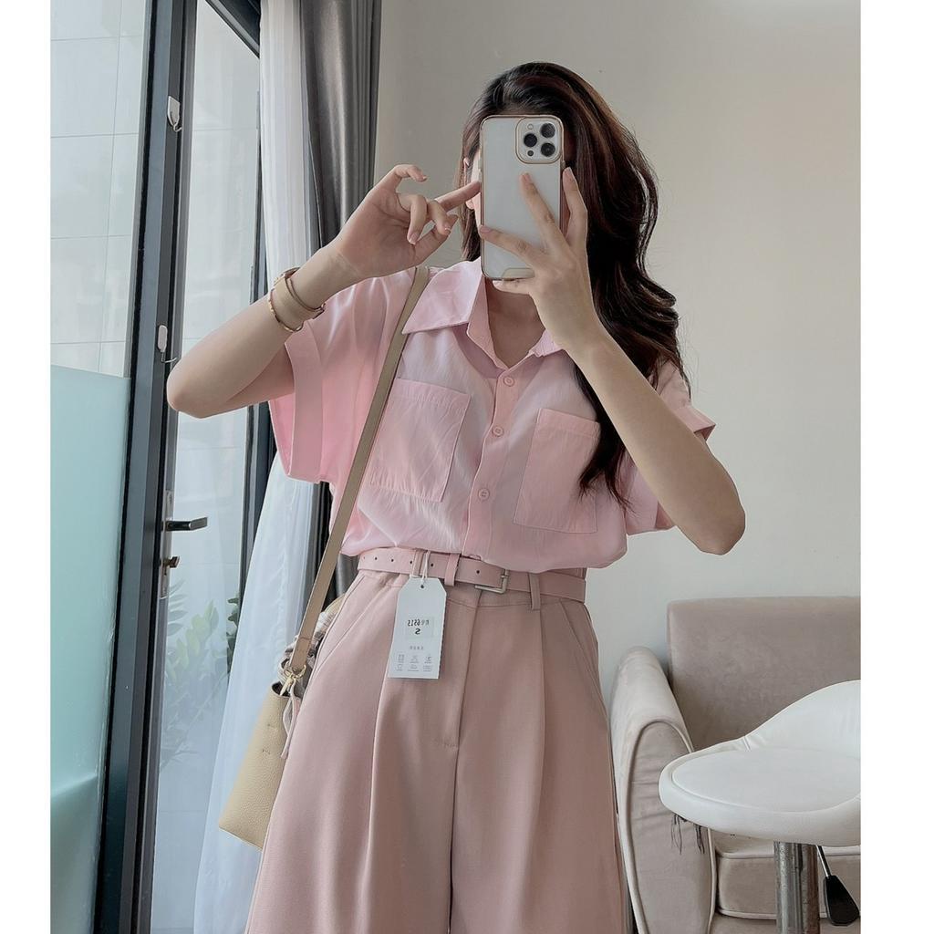 Áo sơ mi nữ 2 túi ngắn tay xinh xắn sẵn