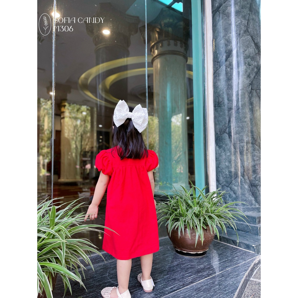 Váy Linen Đũi Babydoll Màu Đỏ Tay Bồng 2 Lớp, Cổ Smock Nút Lưng Đẹp Tuyệt