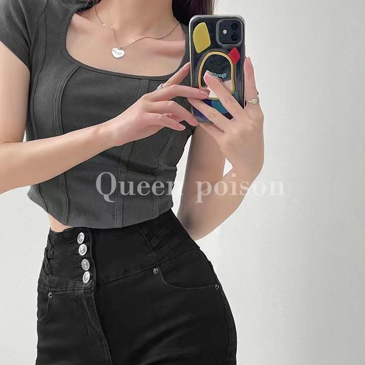 Áo Kiểu Cổ Vuông Tay Ngắn Phong Cách Thời Trang Retro Dành Cho Nữ