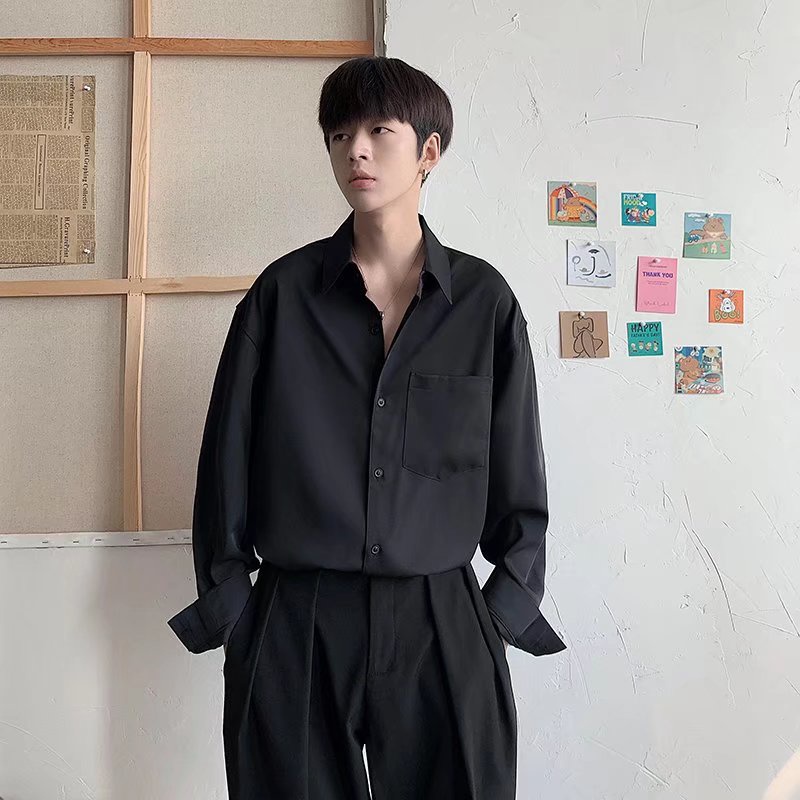 Áo Sơ Mi Trơn Tay Dài Dáng Rộng Thoáng Khí Có Túi Thời Trang Hàn Quốc Cho Nam