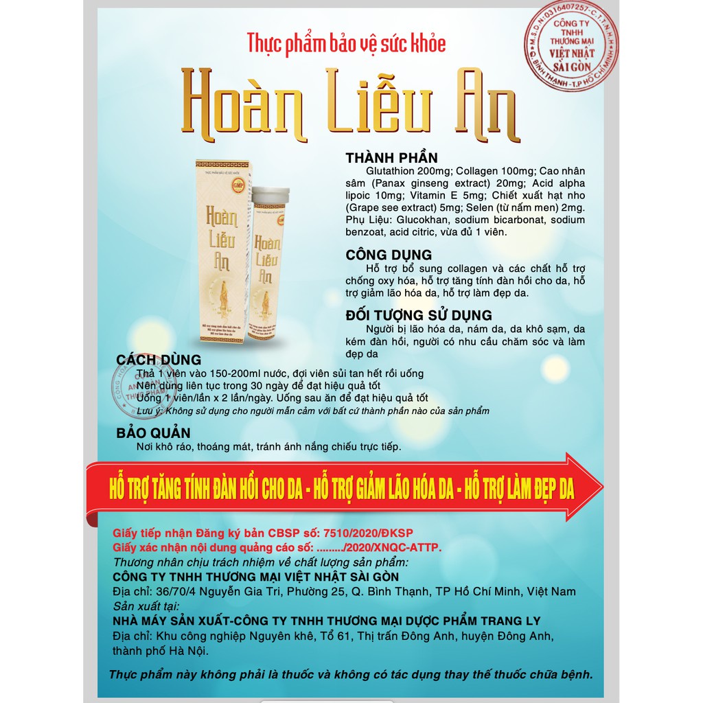 [Chính Hãng] Sủi Trắng Da Hoàn Liễu An Hộp 20 viên - Phục Hồi Tái Tạo Làn Da - Ngừa Thâm Nám Hiệu Quả