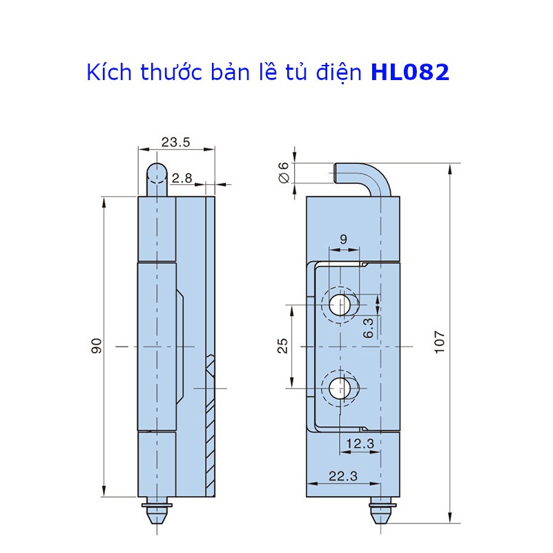 Bản lề tủ điện Hengzhu HL082 chất liệu inox 304 và thép mạ kẽm chiều dài 90mm