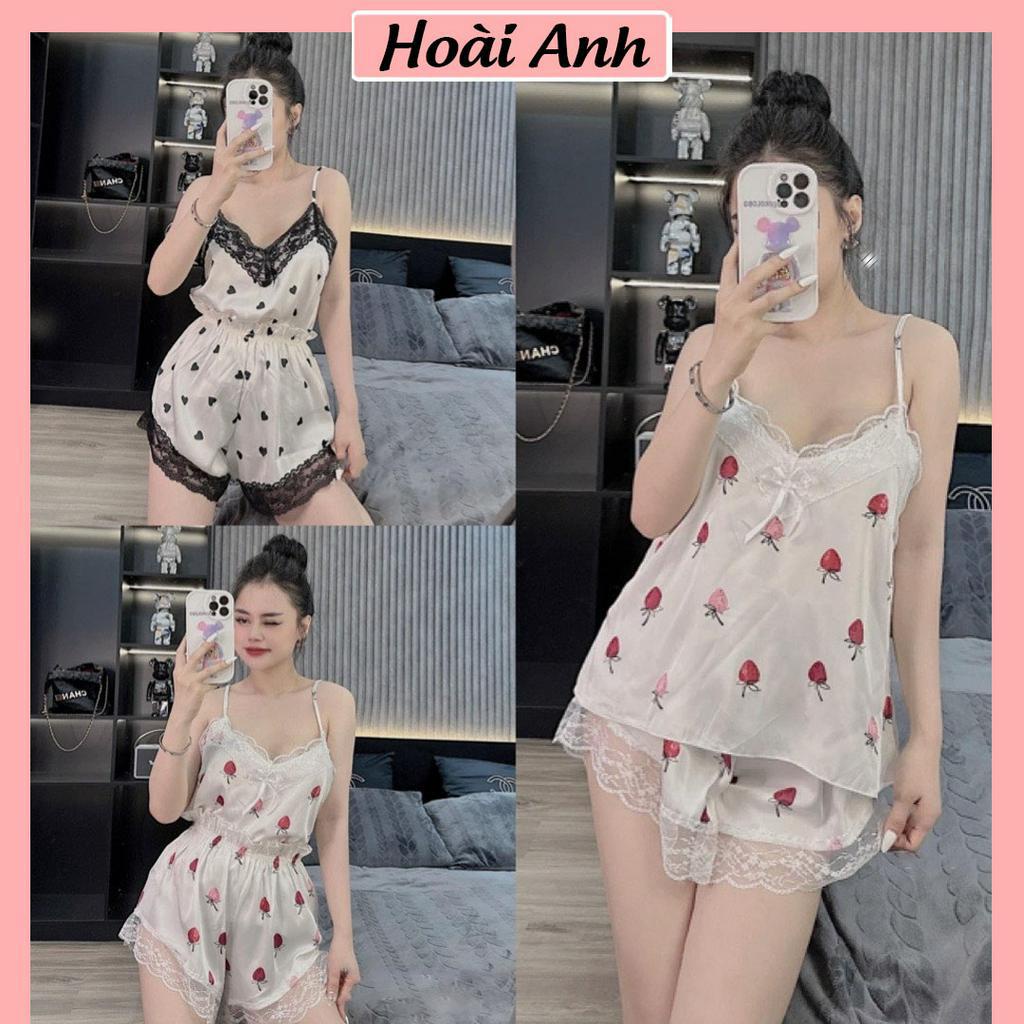 Set Bộ Đồ Ngủ Lụa Áo 2 Dây Tim Phối Ren Mix Quần Sooc Đùi Freesize