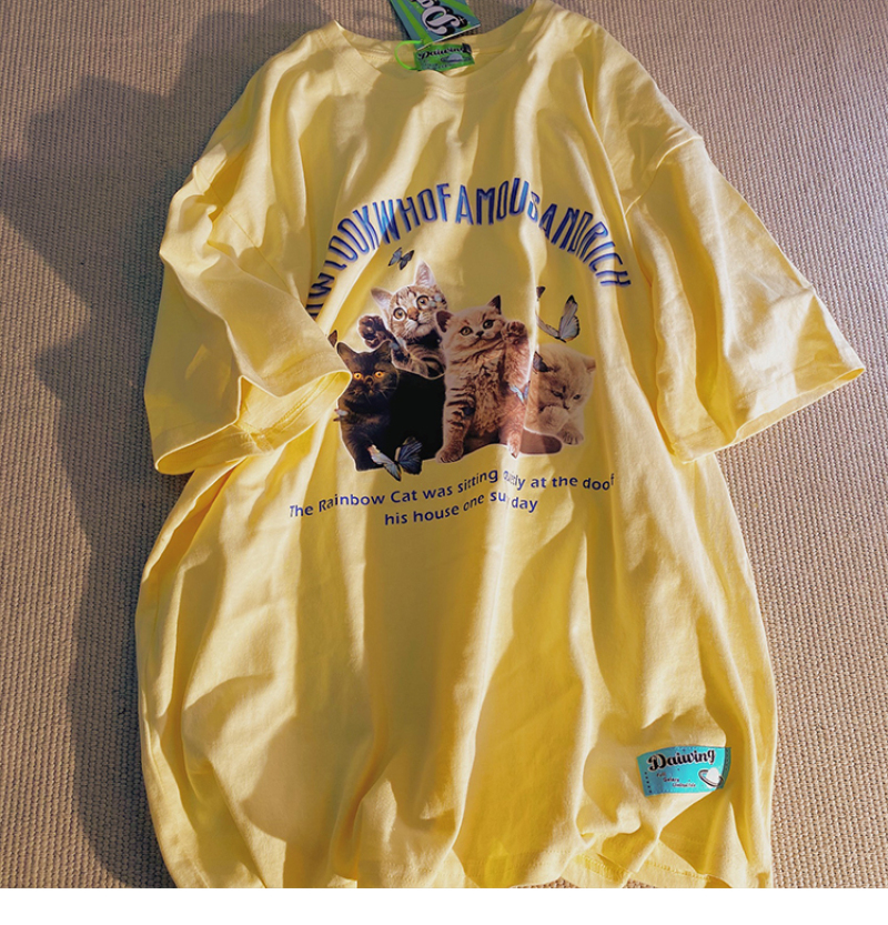 Áo Thun Nữ Tay Ngắn In Hình Mèo Phong Cách Retro