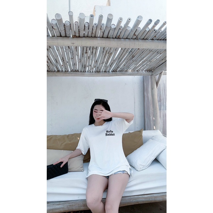 [Mã FAMARAL1 giảm 10K đơn 50K] Áo thun nữ, áo thun nữ from rộng hello Rabit màu trắng hoạ tiết gấu cute SKUA-49
