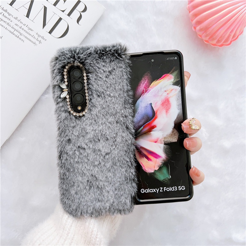 Ốp Lưng Bọc Lông Mềm Đính Hình Tai Thỏ Cho Điện Thoại Samsung Galaxy Z FOLD 3 4 5G