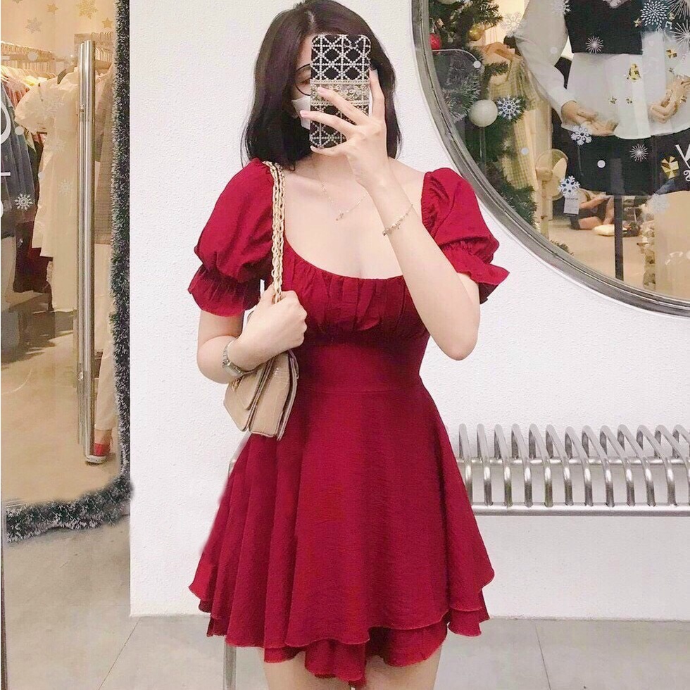 Đầm váy trễ vai cổ nhúng thắt nơ lưng 3 màu trắng, đe, xanh