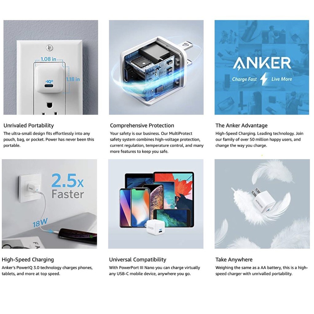 Cốc Sạc ANKER PowerPort III Nano PIQ 3.0 18W (PD &amp; QC 3.0) - Củ sạc Nhanh Anker PD A2616  - Hàng chính hãng