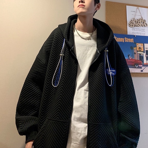 Áo khoác nam Bigsize có mũ rộng Áo hoodie Zip có mũ mặc ngoài chất len gân thời trang Ulzzang