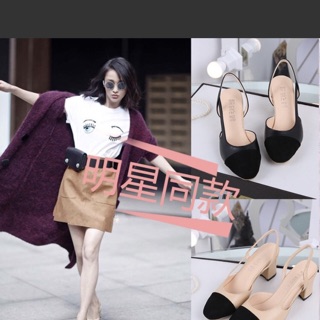[Free ship] Giày mũi đen gót vuông 5p (2 màu: nude,đen)